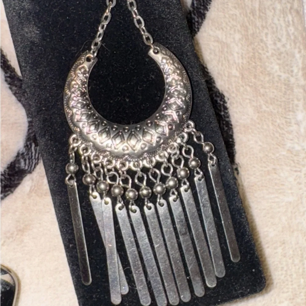 Chico's Silver Tone Crescent Dangle Earrings - Boho Chic Fringe